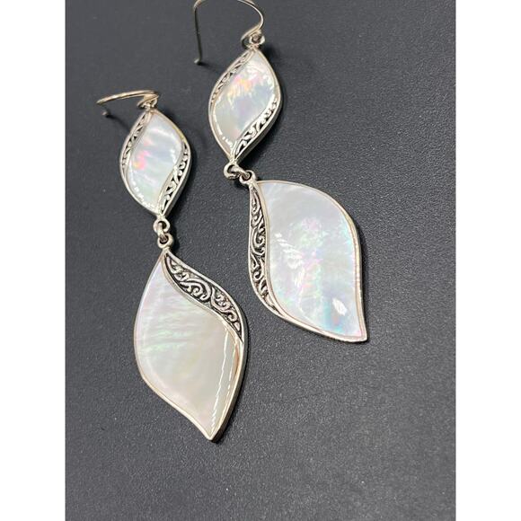 Samuel Benham Signed Designer Sterling Silver Mother of Pearl Two Drop Earring - Picture 4 of 8